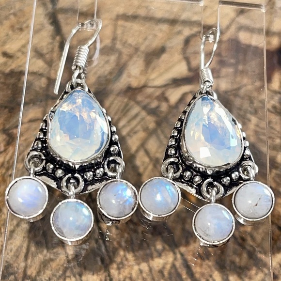Rainbow Moonstone & Synthetic Opalite Earrings 1 1/2” - Picture 2 of 12